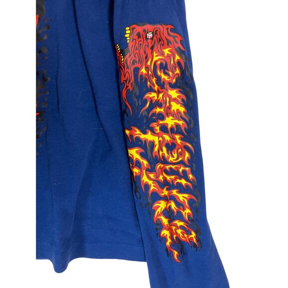 Empyre Blue Long Sleeve Flaming Skull T Shirt w/ Arm Graphic Men's Medium Y2K - Picture 3 of 5